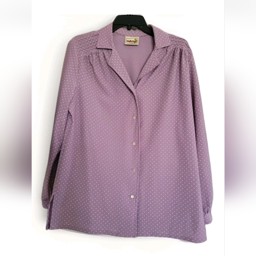 Vintage 70s Ample Togs Purple Polka Dot Blouse Long Sleeve Button Front Sz L/XL